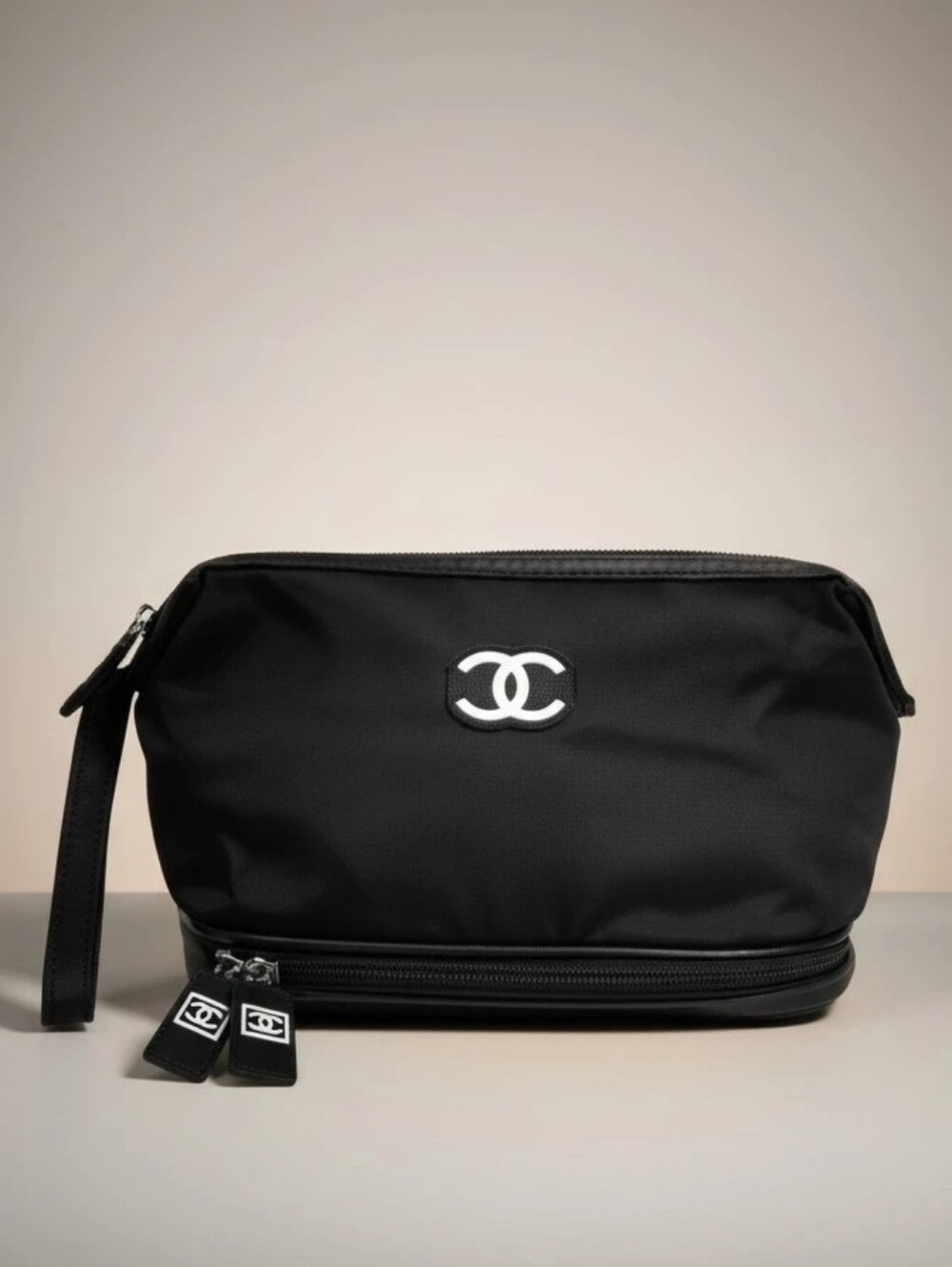 CHANEL Black Men’s Toiletry Pouch with White CC Logo